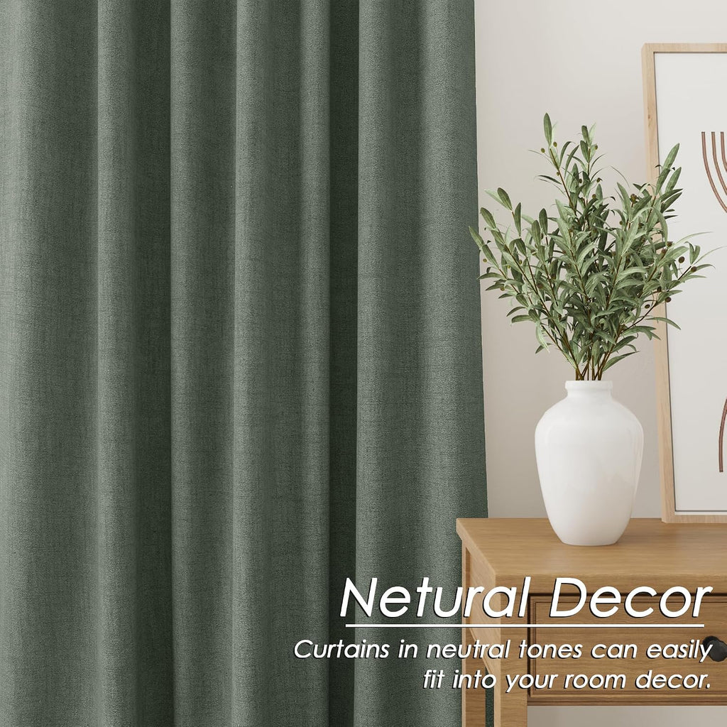 Nanspring Olive Green 100% Blackout Linen Curtains 96 Inches Long for Bedroom Back Tab Thermal Insulated Modern Farmhouse Decor Curtain for…