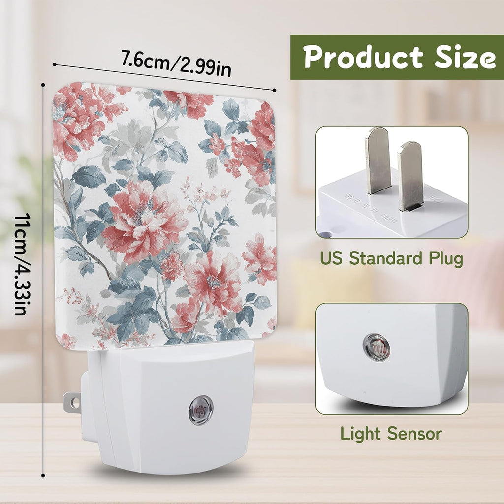 Vintage Blue Pink Floral Night Light, Night Lights Plug into Wall with Dusk to Dawn Sensor for Bedroom Bathroom Hallway Kitchen…