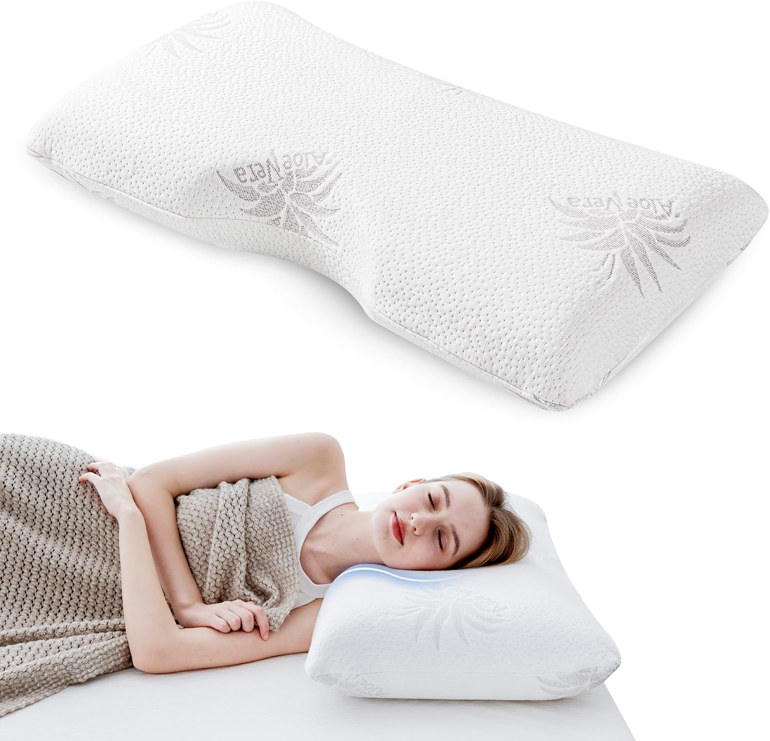 Mlily EGOHOME Cervical Neck Pillow, Aloe Vera Infused Memory Foam, Side Sleeper Pillow for Neck Pain, Skin Friendly, Medium Firm, 30x16 Inc…