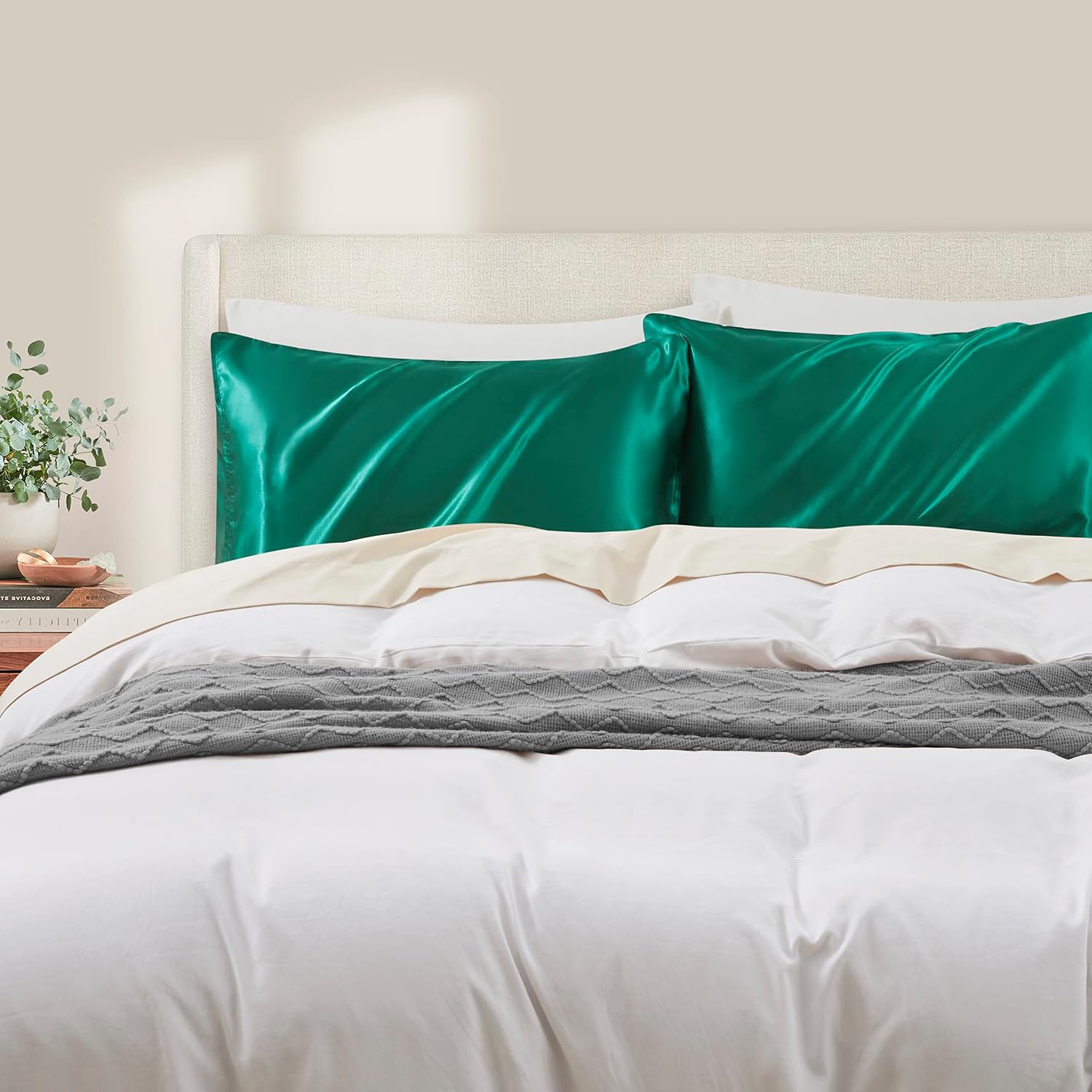 HommxJF Blackish Green Satin Pillowcase Queen Size Set of 2 for Hair and Skin, Blackish Green Silk Pillowcase Breathable Pillowcase with Env…