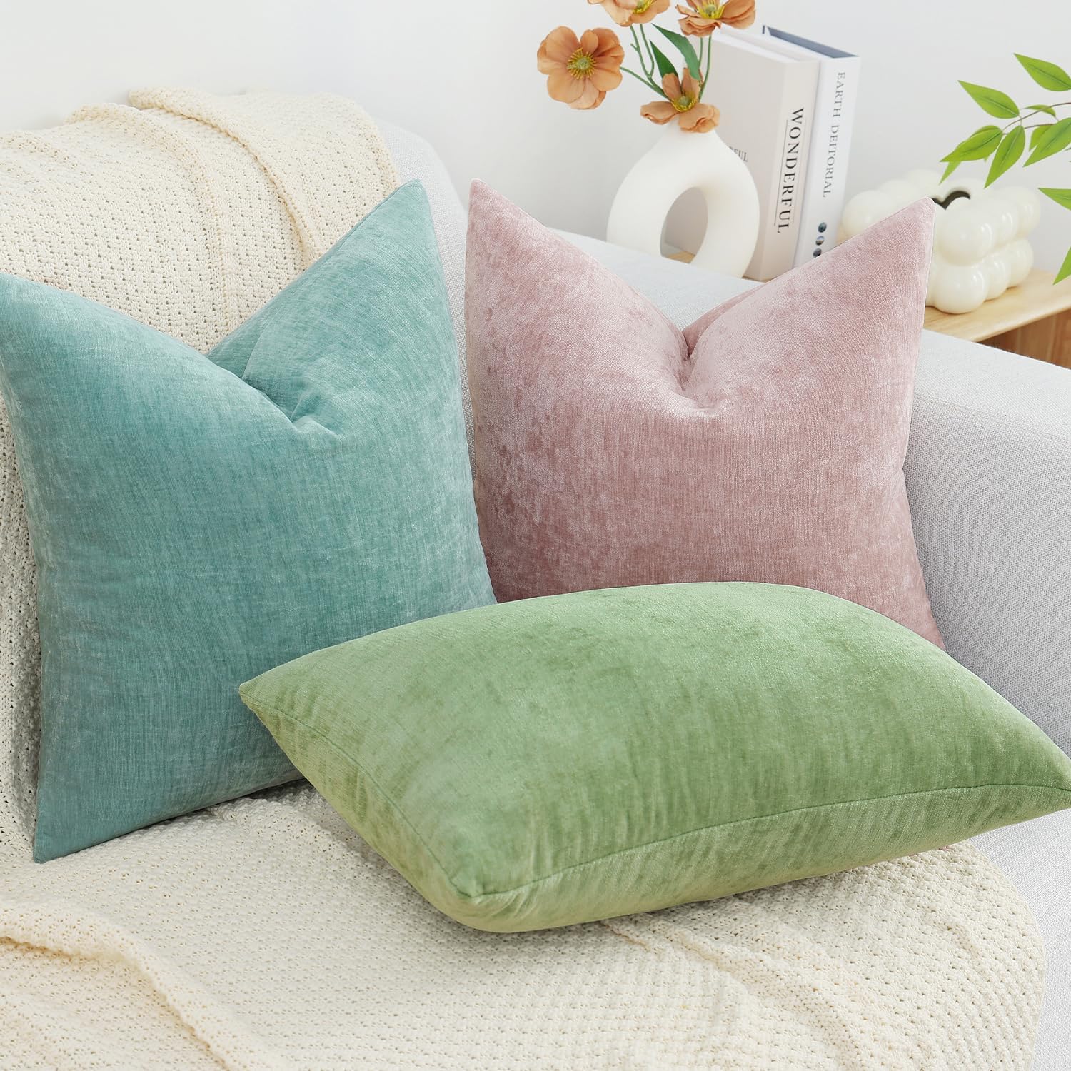 decorUhome Chenille Aqua Haze Throw Pillow Covers 18x18 Inch Set of 2, Decorative Soft Couch Pillow Covers Solid Dyed Accent Velvet Farmhou…