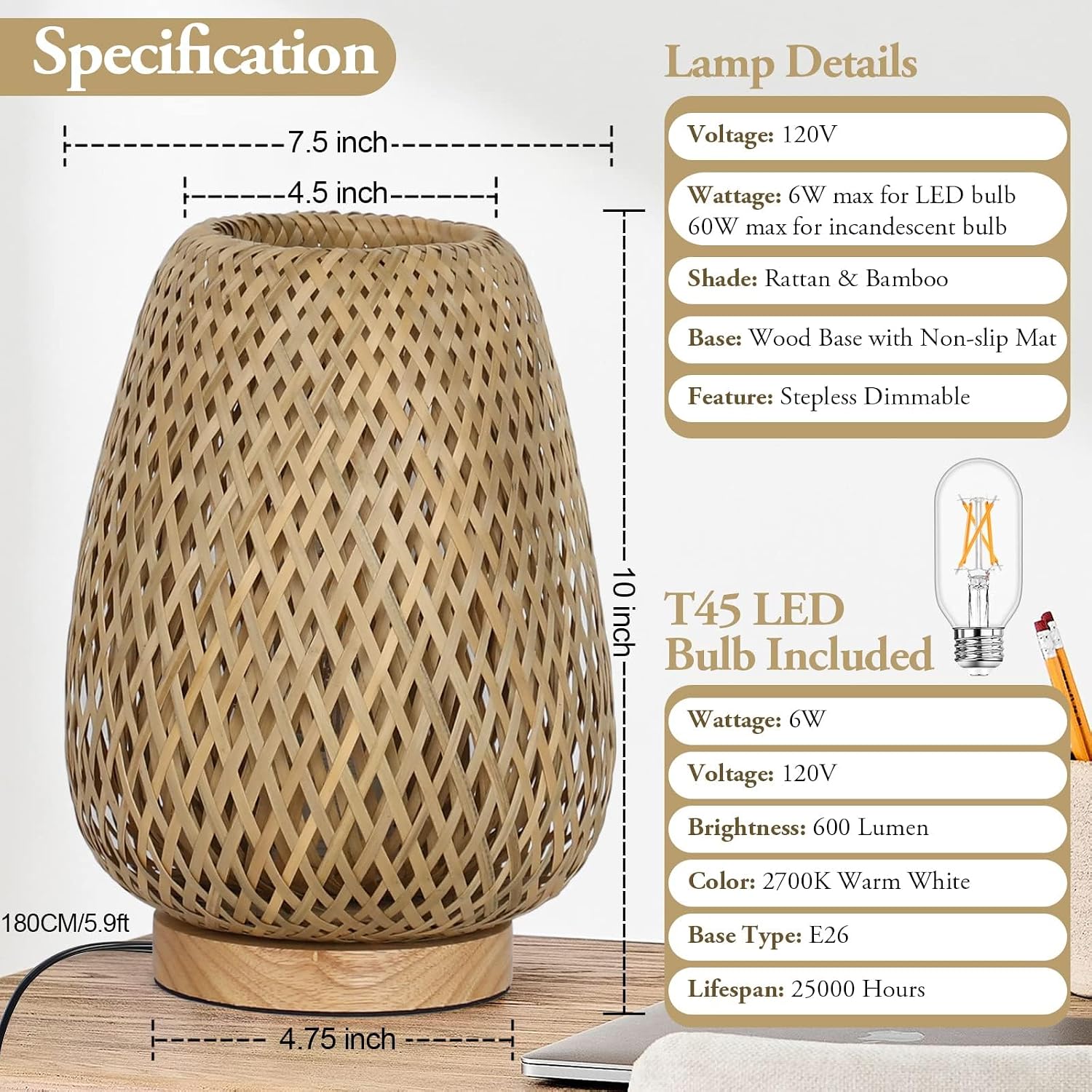 Brightever Rattan Table Lamp, Stepless Dimmable Small Beside Lamp, Vintage Wicker Wooden Nightstand Boho Bamboo Woven End Table Lamps for B…