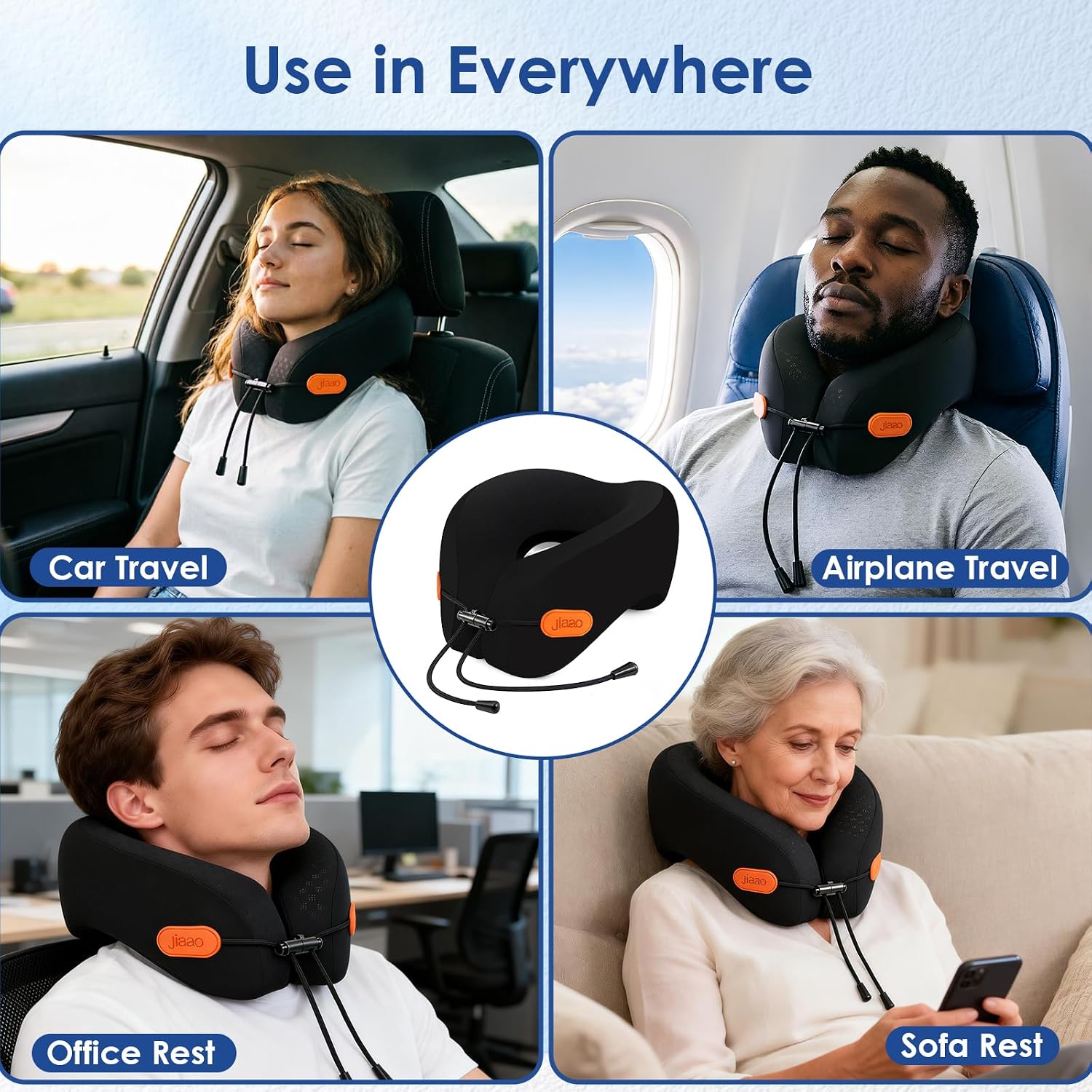 jiaao Travel Pillow Memory Foam Neck Pillow for Airplanes with Adjustable Neck Support, Includes Eye Mask, Earplugs & Storage Bag…