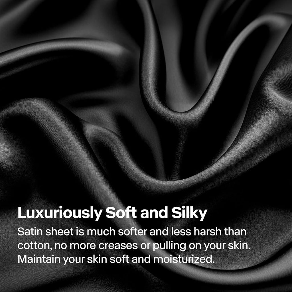 Bedelite Satin Sheets Twin XL Size Bed Set, Luxury Soft Black Silky Sheets for Hair and Skin, Similar to Silk Bed Sheets Set 3 Pieces with…