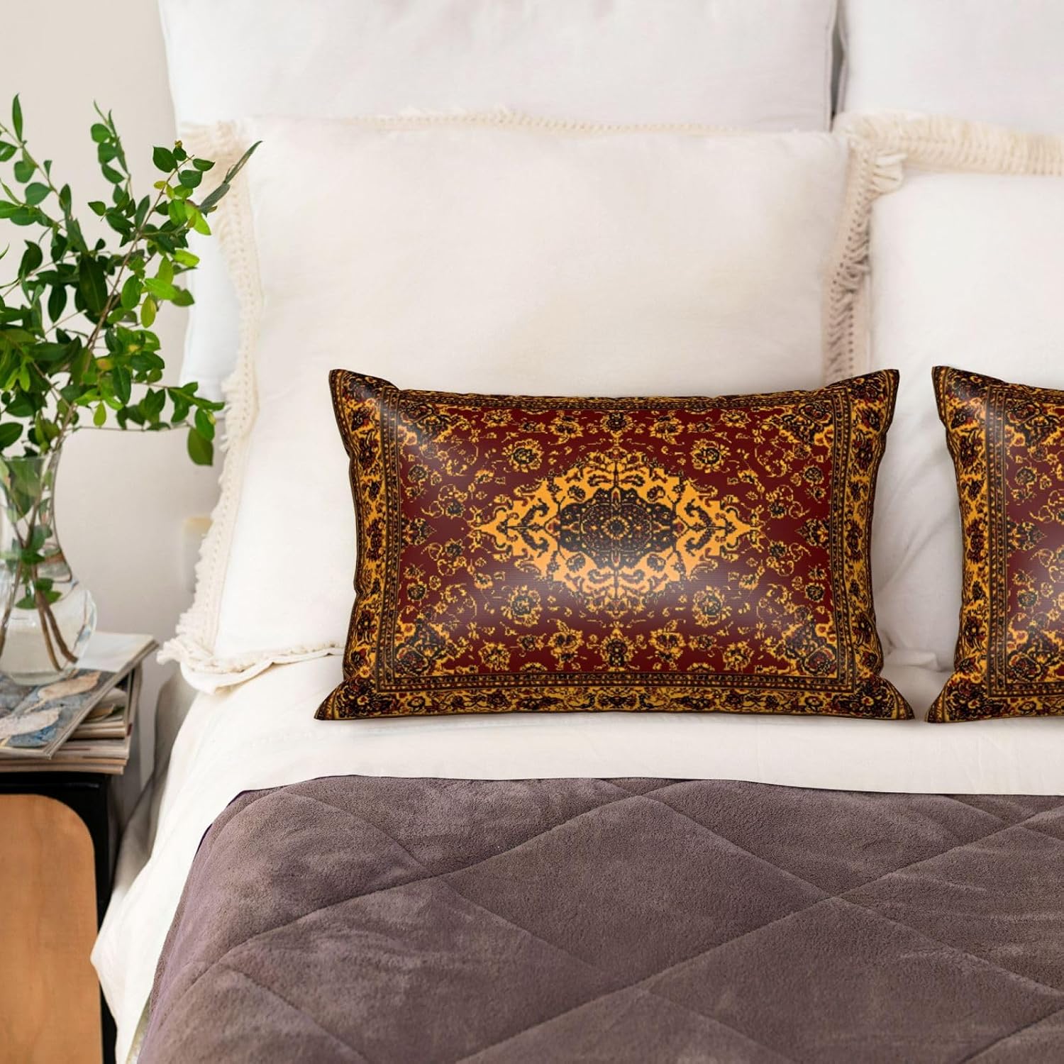 Imitation Silk Pillowcase for Hair and Skin Boho Retro Dark Red Golden Carpet 1 Pack Satin Queen Pillowcase with Hidden Zipper Cooling…