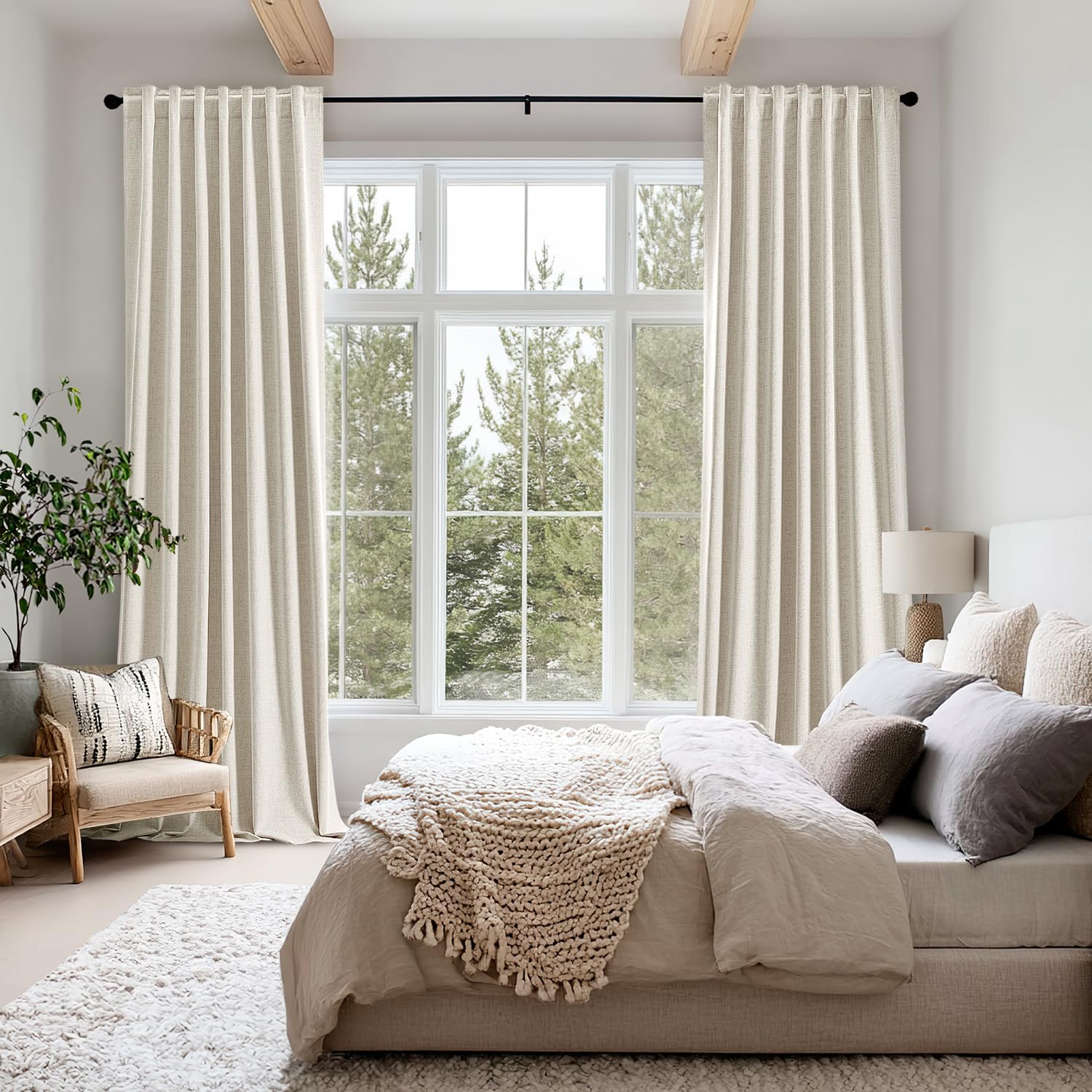 Miulee 100% Blackout Linen Curtains for Bedroom, Linen Beige Solid Luxury Decor Thermal Insulation Room Darkening Drapes for Living Room Nu…