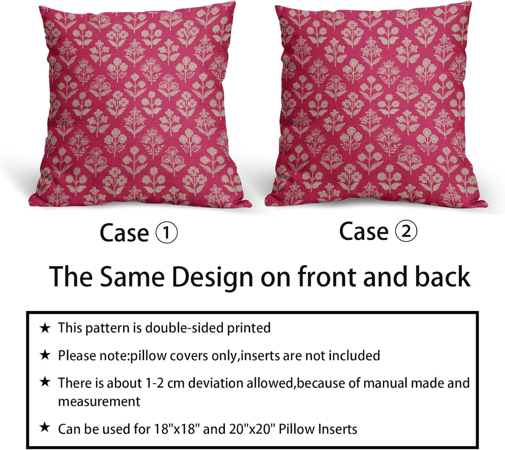 Hot Pink Floral Pillow Covers 24x24 Inch Set of 2, Vintage Flower Block Print Pattern Decorative Throw Pillowcases Outdoor Farmhouse…
