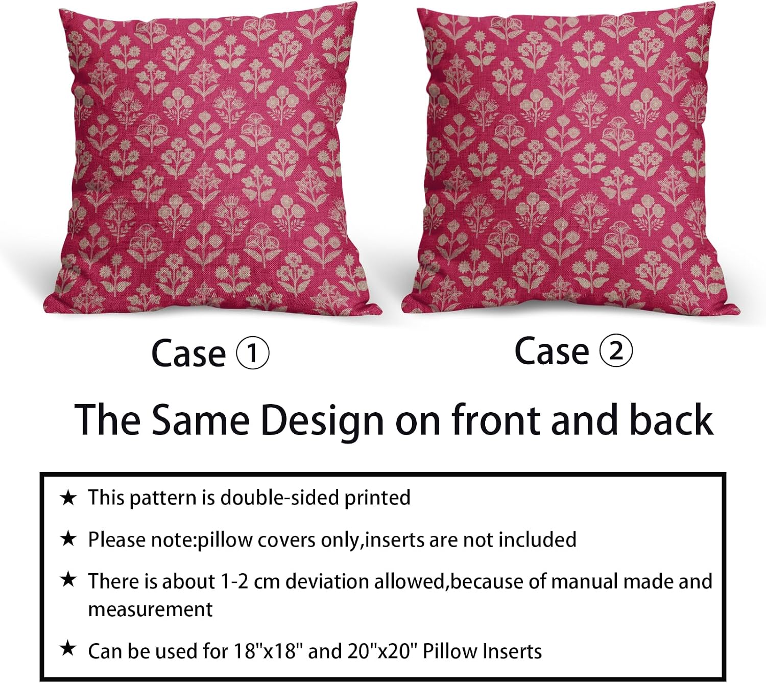 Hot Pink Floral Pillow Covers 24x24 Inch Set of 2, Vintage Flower Block Print Pattern Decorative Throw Pillowcases Outdoor Farmhouse…