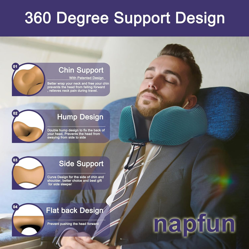 napfun Neck Pillow for Traveling, Upgraded Travel Neck Pillow for Airplane 100% Pure Memory Foam Travel Pillow for Flight Headrest Sleep…