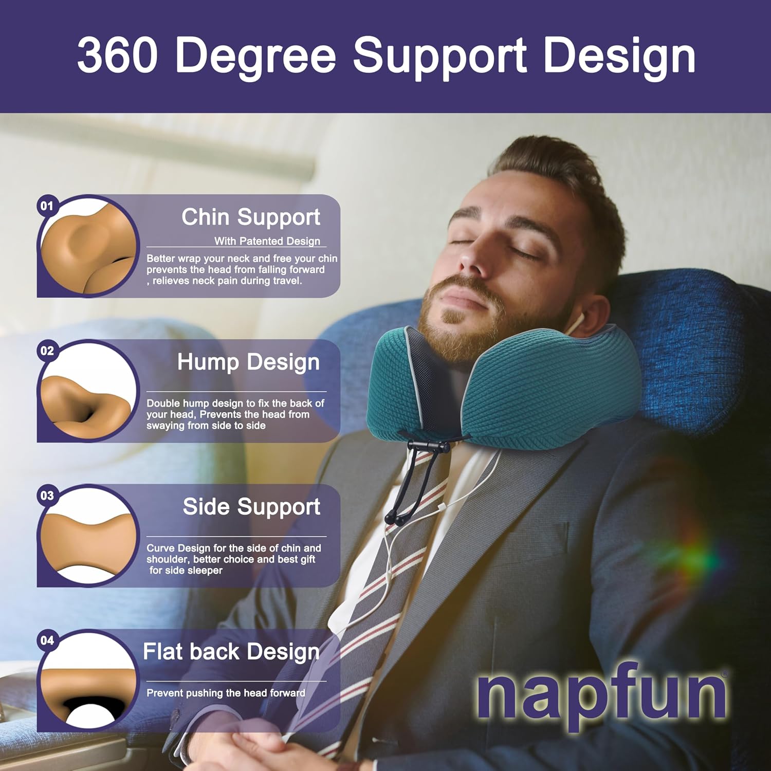 napfun Neck Pillow for Traveling, Upgraded Travel Neck Pillow for Airplane 100% Pure Memory Foam Travel Pillow for Flight Headrest Sleep…