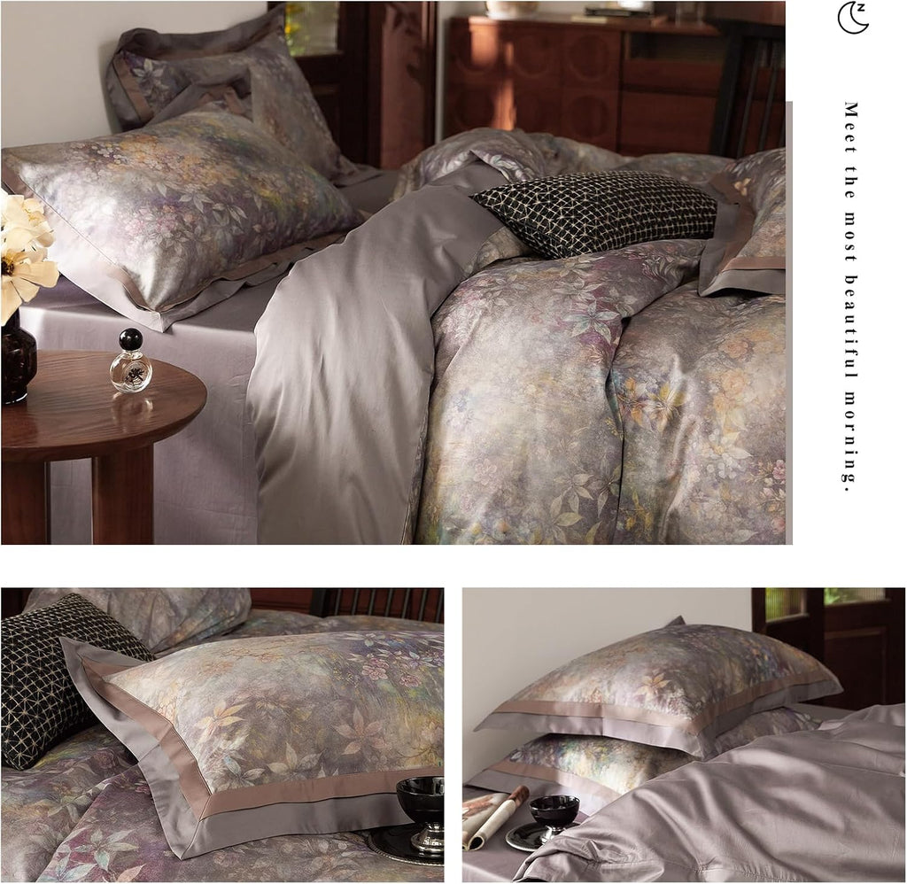 mixinni Vintage Floral Duvet Cover Set - King Size, 100% Long Staple Cotton Percale, Reversible Purple Floral Bedding Set with Zipper Closu…