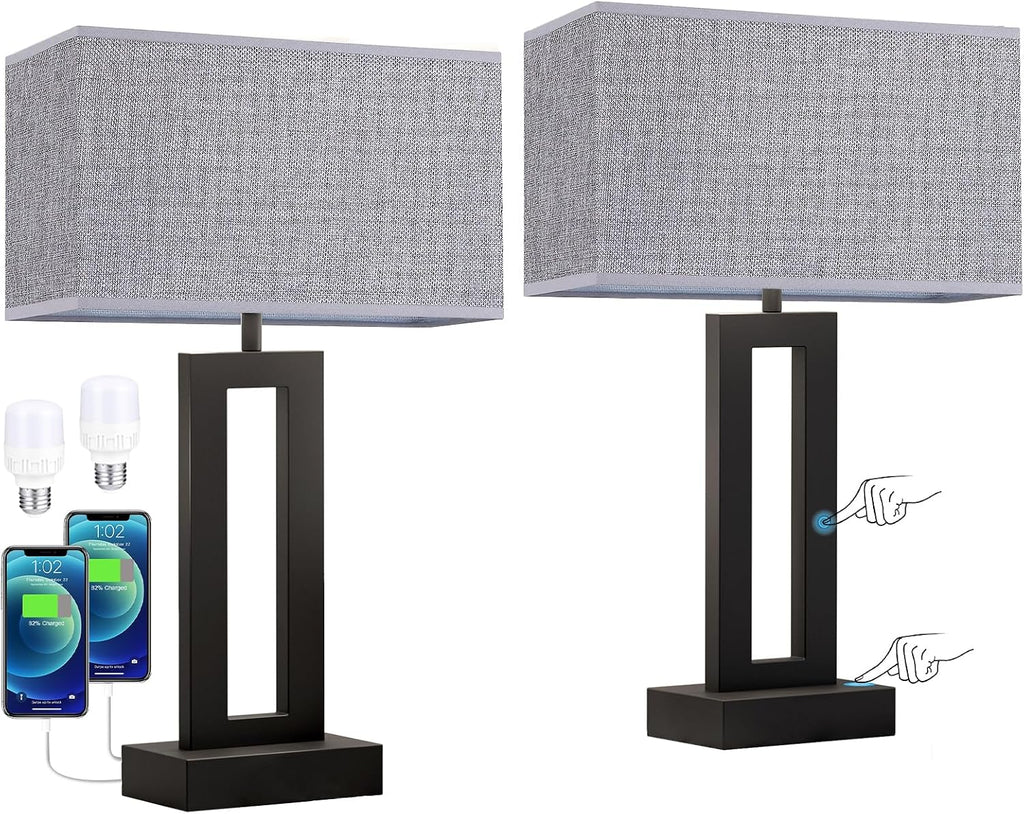 Seealle Nightstand Table Lamps for Bedrooms Set of 2 - Touch Bedside Lamp with USB C+A, 3 Way Dimmable Living Room End Tables 2, Modern…