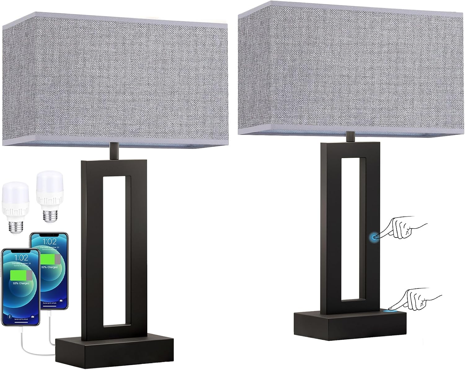 Seealle Nightstand Table Lamps for Bedrooms Set of 2 - Touch Bedside Lamp with USB C+A, 3 Way Dimmable Living Room End Tables 2, Modern…