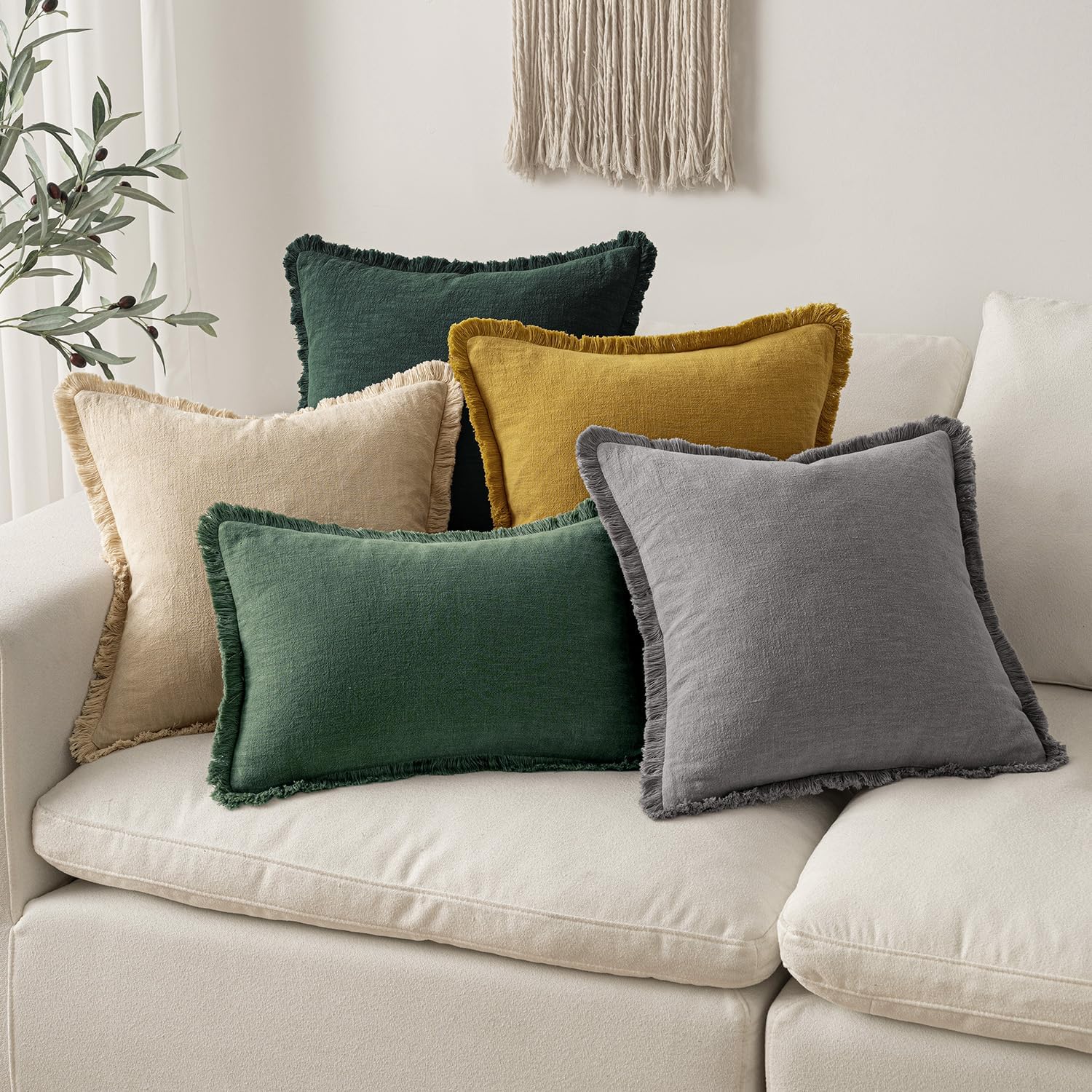 Miulee Decorative Throw Pillow Covers Neutral Linen Fringe Throw Pillows Set of 2 Army Green Boho Farmhouse Cushion Covers with Tassels for…