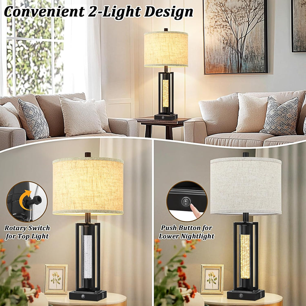 Tobusa 26’’ Farmhouse Table Lamp for Living Room, Vintage Crystal Nightstand Lamp with 2 USB Ports, Rustic Bedside Lamp with Fabric Shade,…