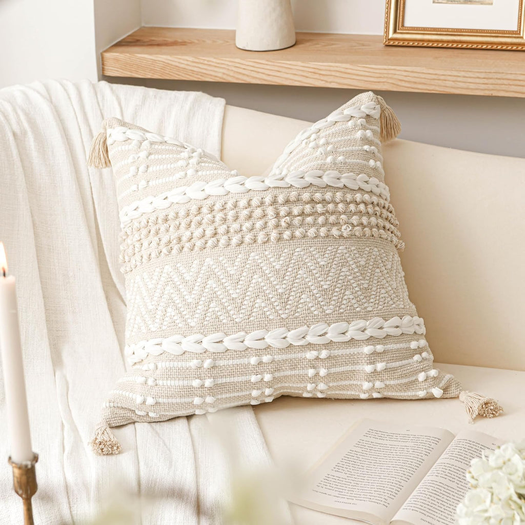 BlissBlush Boho Throw Pillow Cover 20X20, Decorative Accent Pillow for Couch, Square Woven Textured Pillowcase, Modern Boho Pillow for…