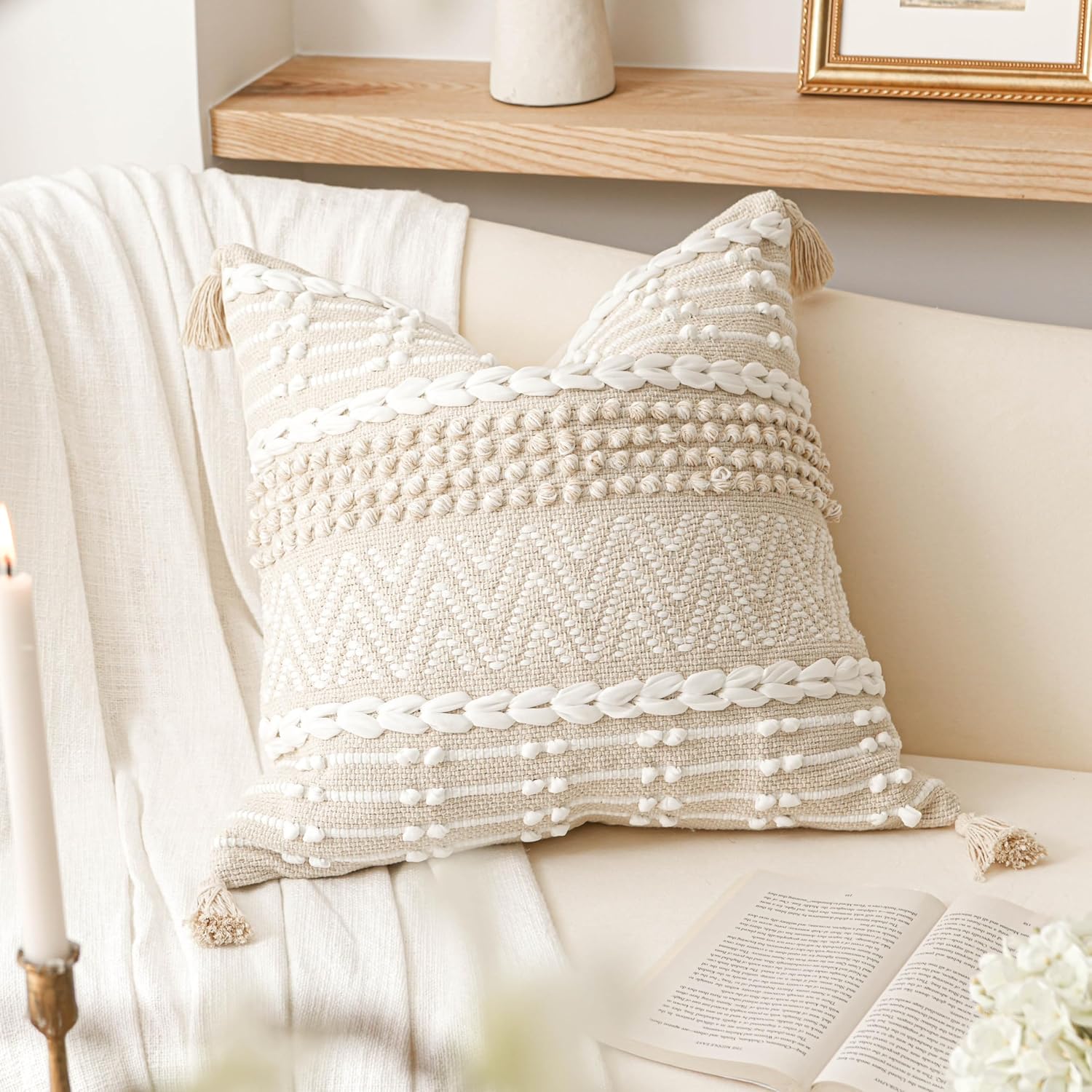 BlissBlush Boho Throw Pillow Cover 22X22, Large Decorative Accent Pillow for Couch, Square Woven Textured Pillowcase, Modern Boho Pillow…