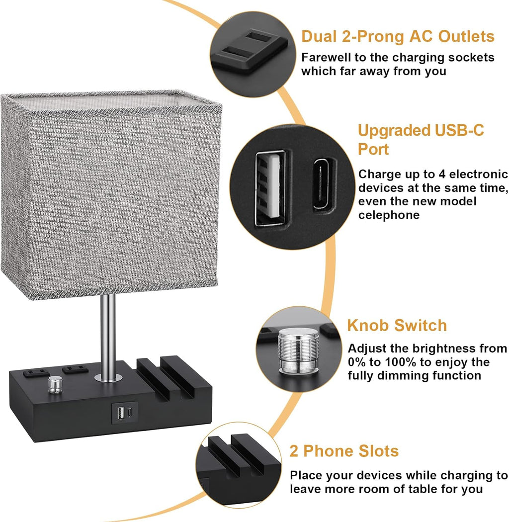 Kakanuo Fully Dimmable Nightstand Lamp for Bedroom with USB C Ports, Grey Small Bedside Table Lamp with Charging Outlets and Phone…