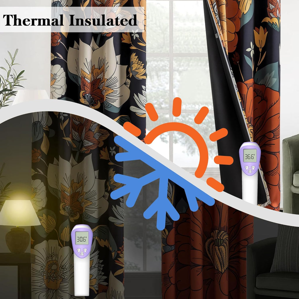 Tyrot Black Boho Floral Blackout Curtains for Sliding Glass Doors 84 inch Length Extra Wide Curtains for Patio Sliding Door Living Room…