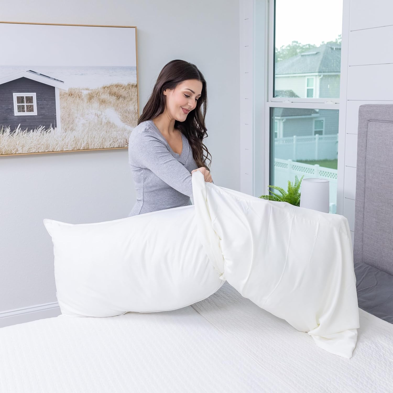 Copper Ion Infused Rayon Derived from Bamboo Cooling Body Pillow Cover, Soft and Breathable Long Pillow Case, Beige (20x54)