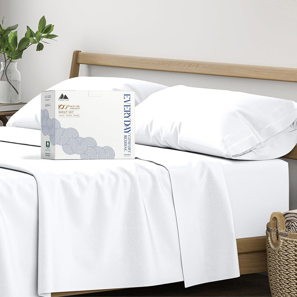 Mayfair Linen 100% Organic Cotton Percale Sheets California King Size - White Cotton Percale Sheets California King, 4 PC Percale Sheets…