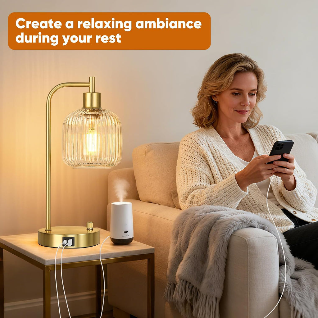 QiMH Industrial Table Lamp for Bedroom Set of 2, Clear Glass Beside Lamp with USB A&C Ports, Stepless Dimmable Gold Lamps, Nightstand…