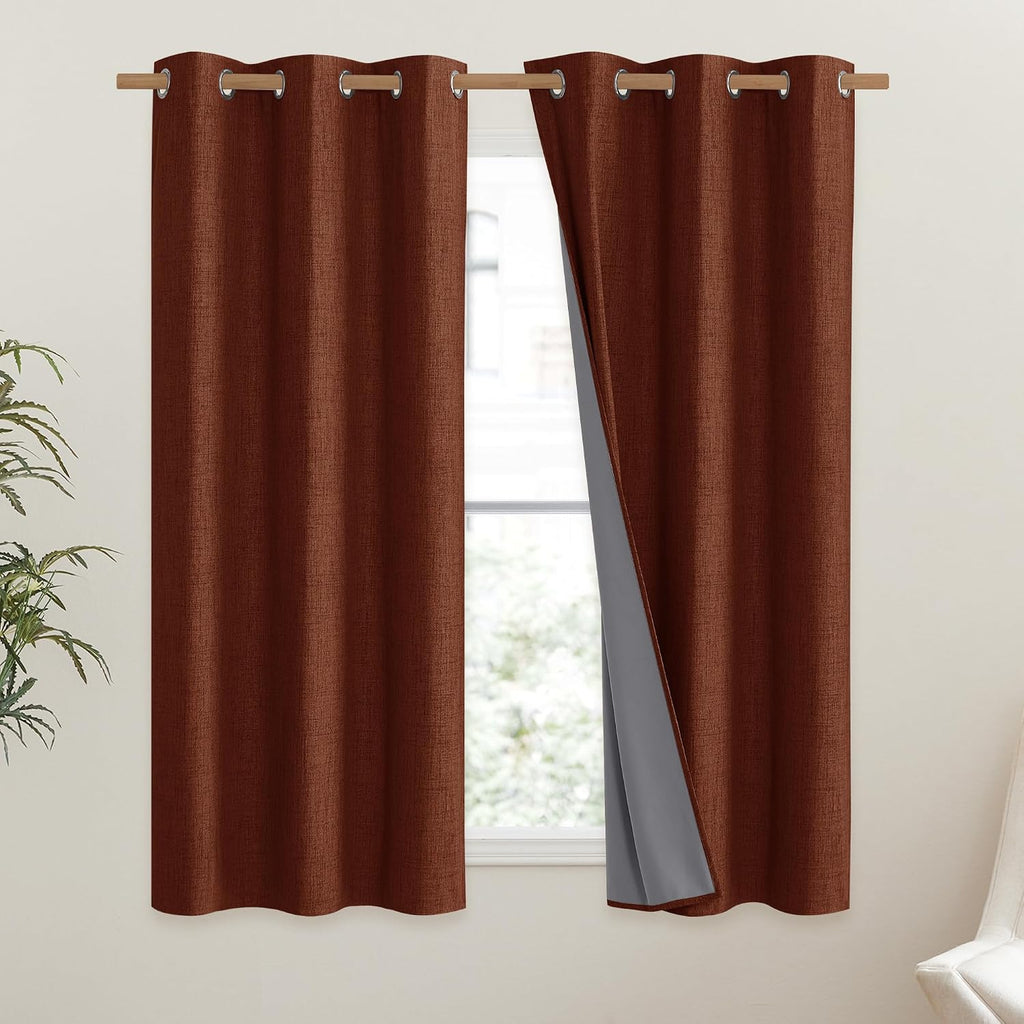 NICETOWN 100% Absolutely Blackout Linen Curtains with Thermal Insulated Liner, 42" Wide, 2 Panels, 63" Long Drapes, Grommet Retro Burnt…