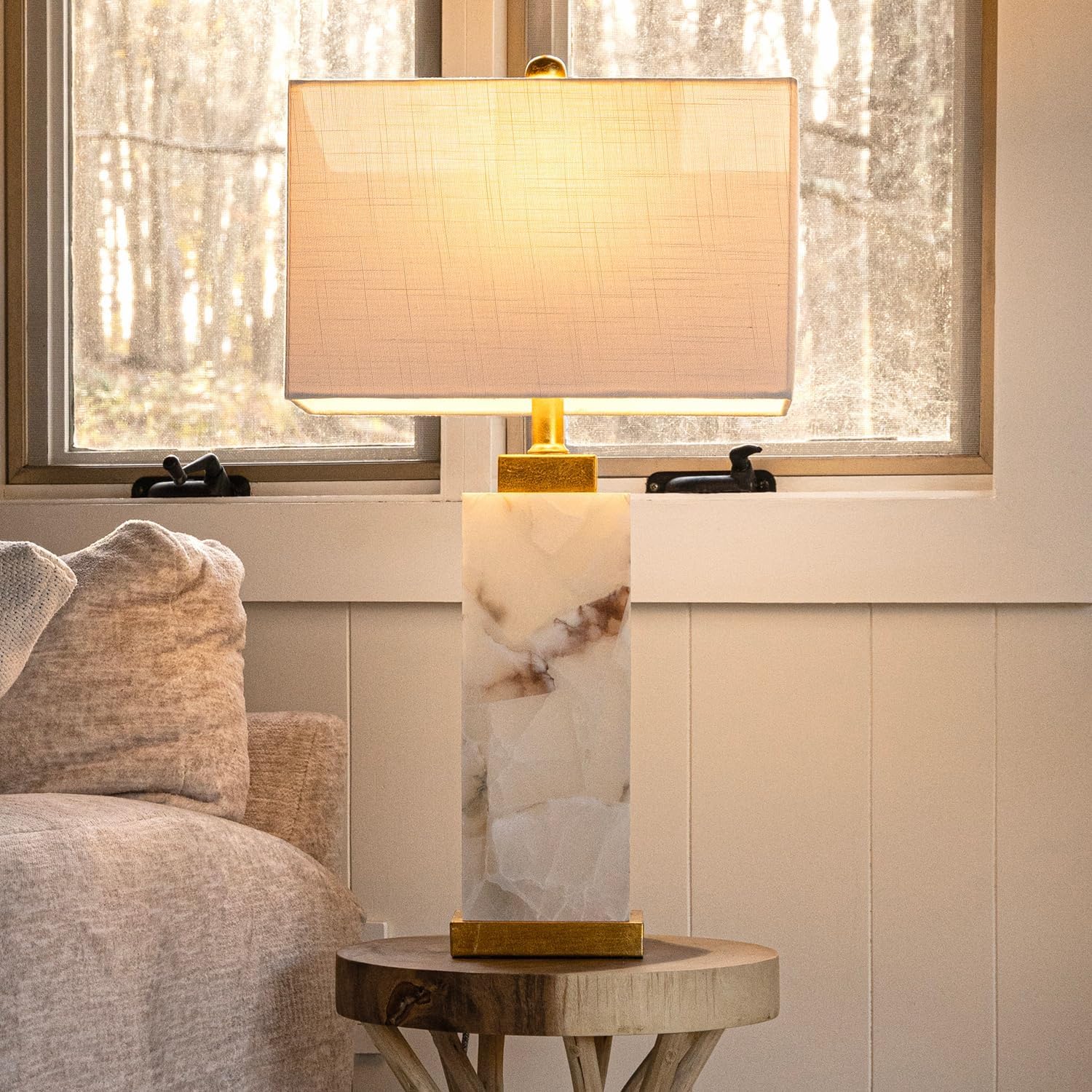 JONATHAN Y 27.5" White/Gold Modern Alabaster Rectangular Table Lamp with Night Light Contemporary Coastal Bedside Lamp for Bedroom with…