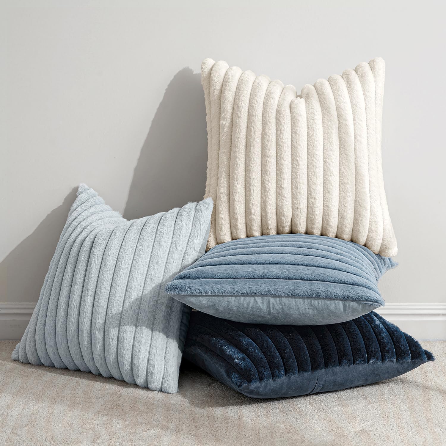 Miulee Faux Fur Plush Decorative Throw Pillow Covers 18x18 Set of 4, Summer Modern Soft Fuzzy Coastal Striped Cushion Covers for Sofa Couch…