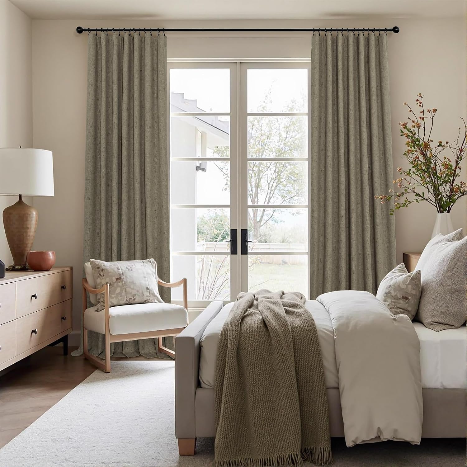 Pitalk Taupe Blackout Curtains 90 Inches Long Thick Linen Patio Curtain for Sliding Glass Doors Neutral Cottagecore Home Decor Living Room…