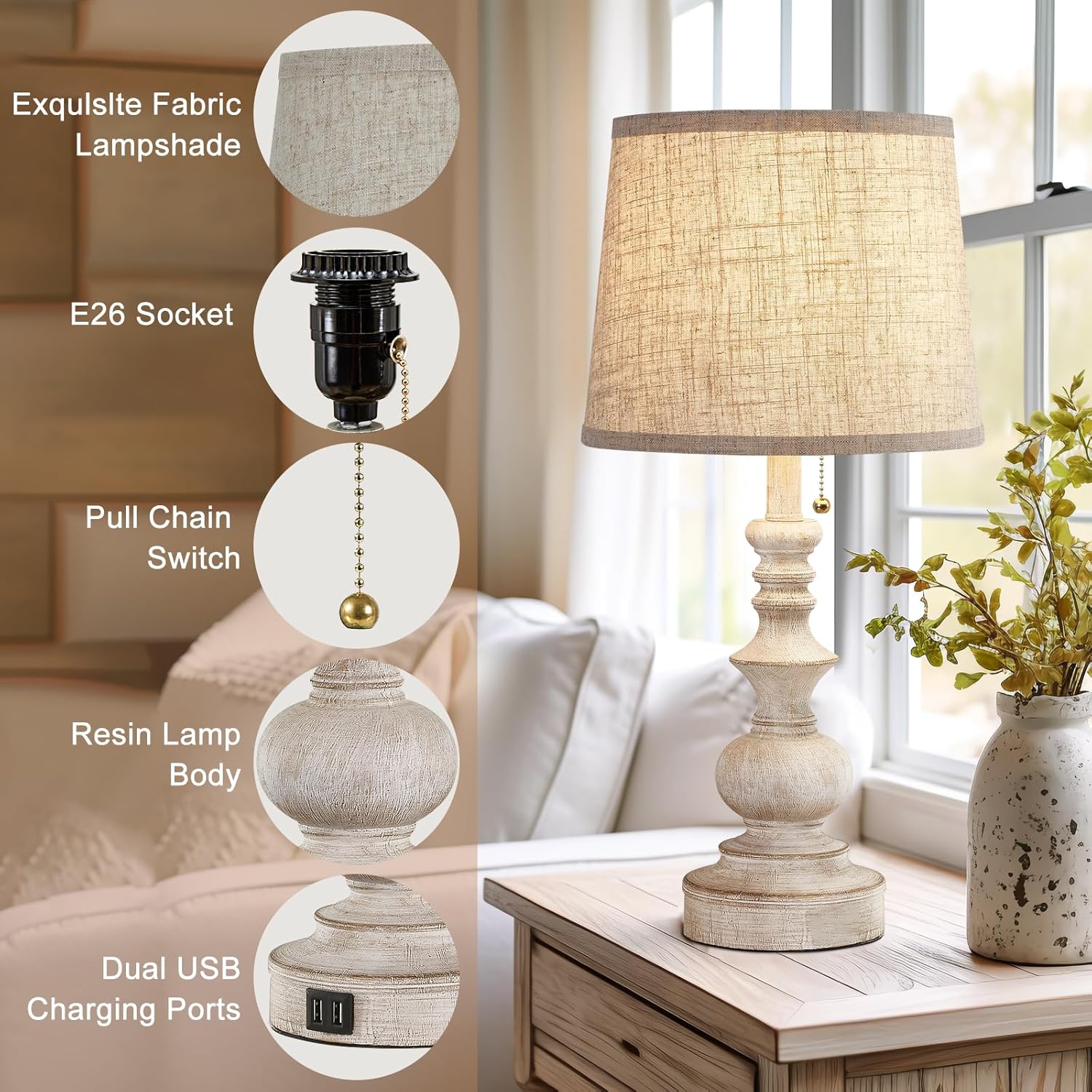 Drawealth Table Lamps for Bedrooms Set of 2 Farmhouse Bedside Lamps for Nightstand with USB Charging Ports Traditional Side Table Lamps…