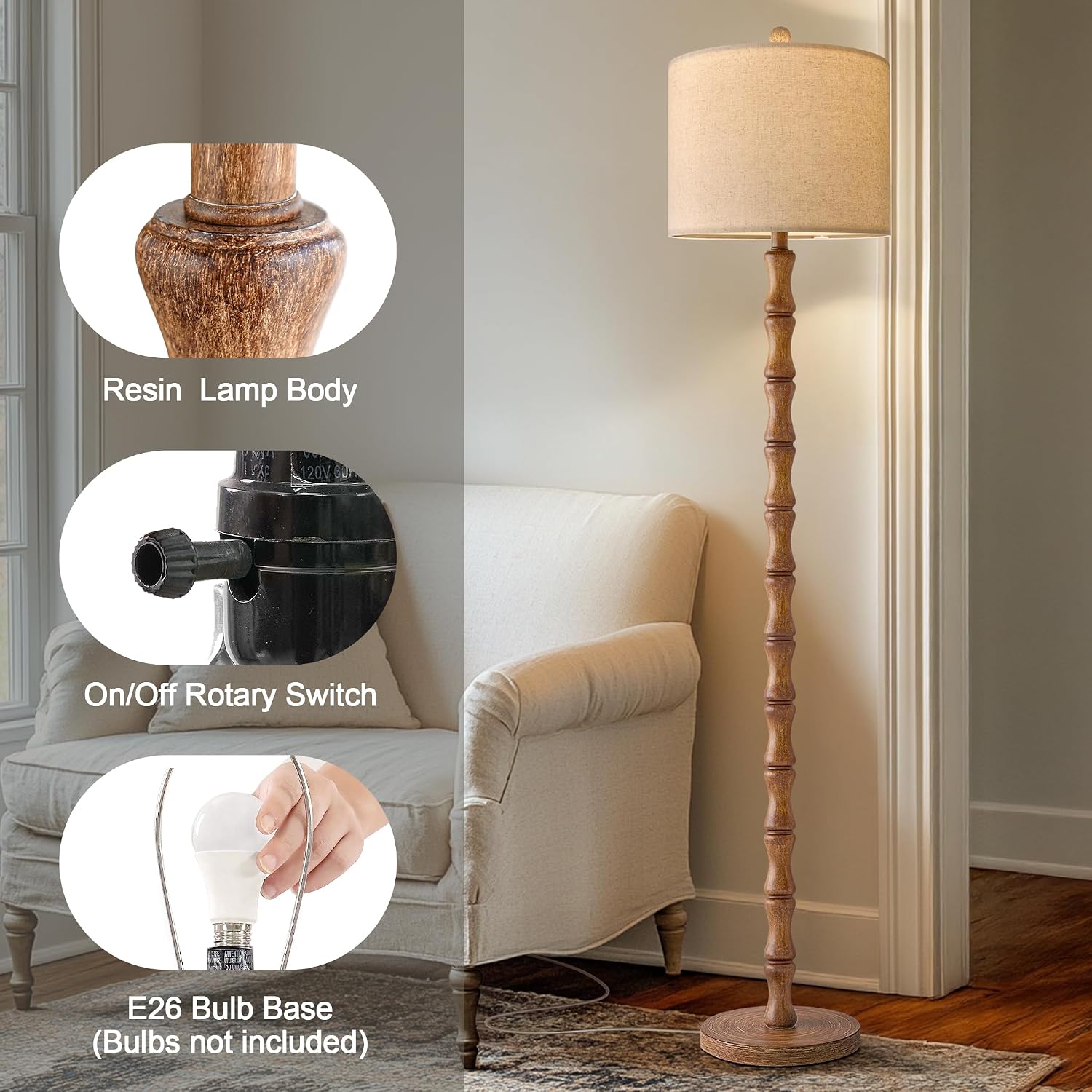 BOBOMOMO 62" Rustic Floor Lamp for Living Room, Retro Farmhouse Floor Lamp Rotary Switch, Resin Standing Lamp for Living Room, Corner…