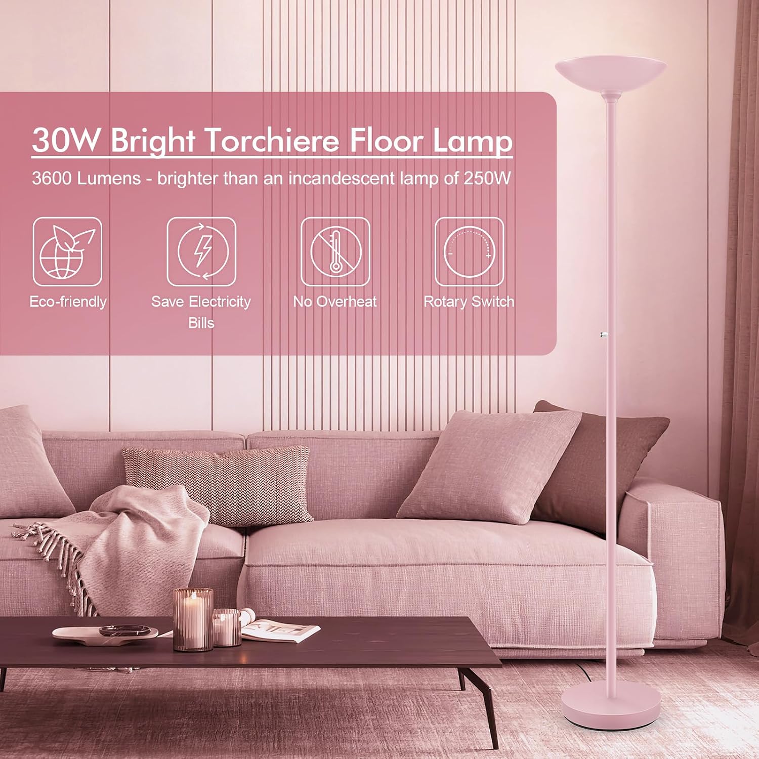 30W Pink Torchiere Floor Lamp, 3600LM Super Bright LED Pole Lamp, 71Inch Tall Stepless Dimmable Torch Lamp, 1Inch Thick Metal Tube…