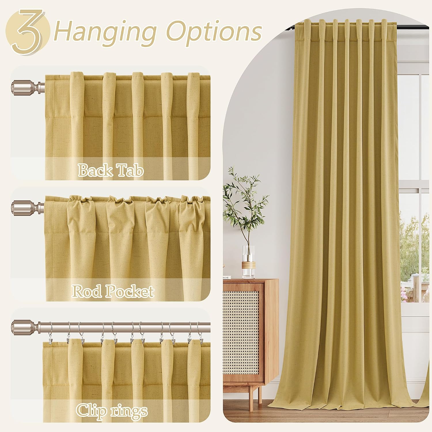 Guken 100% Blackout Curtains 63 Inch Length 2 Panels Set for Living Room Bedroom Back Tab Thermal Insulated Black Out Linen Drapes Room Dar…