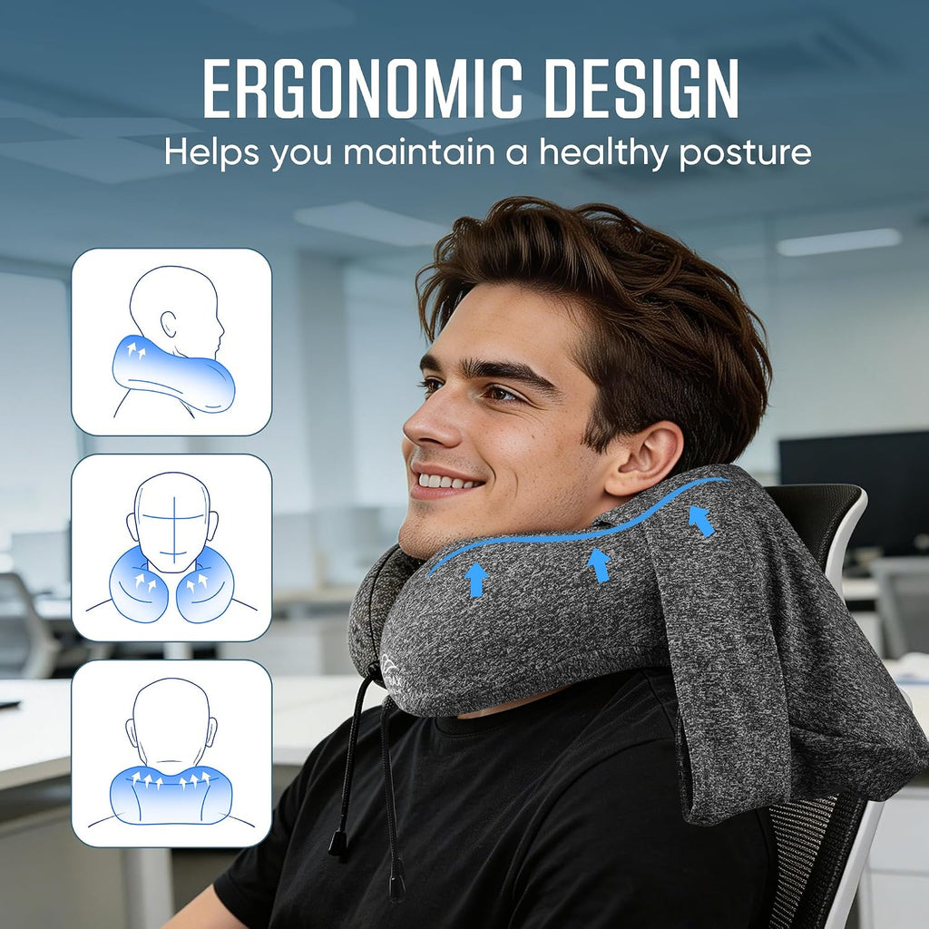 Travel Pillow with Extra Large Hood for Airplane Long Flights Privacy and Comfort Memory Foam with Skin-Friendly Cover for Road Trip…