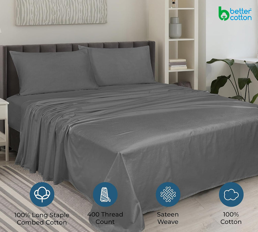Royalelinens ROYALE LINENS 400 Thread Count 100% American Grown Cotton 4 Piece Sateen Queen Sheet Set - 1 Fitted Sheet, 1 Flat Sheet, 2 Pil…