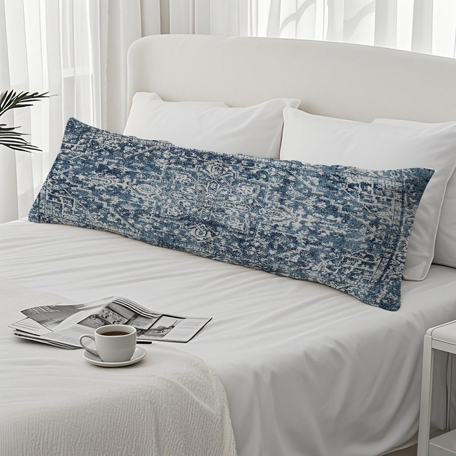 Vintage Boho Navy Blue Tribal 20x54 Body Pillow Cover, Retro Boho Blue Ethnic Moroccan Decorative Long Body Pillow Cases for Bed Couch