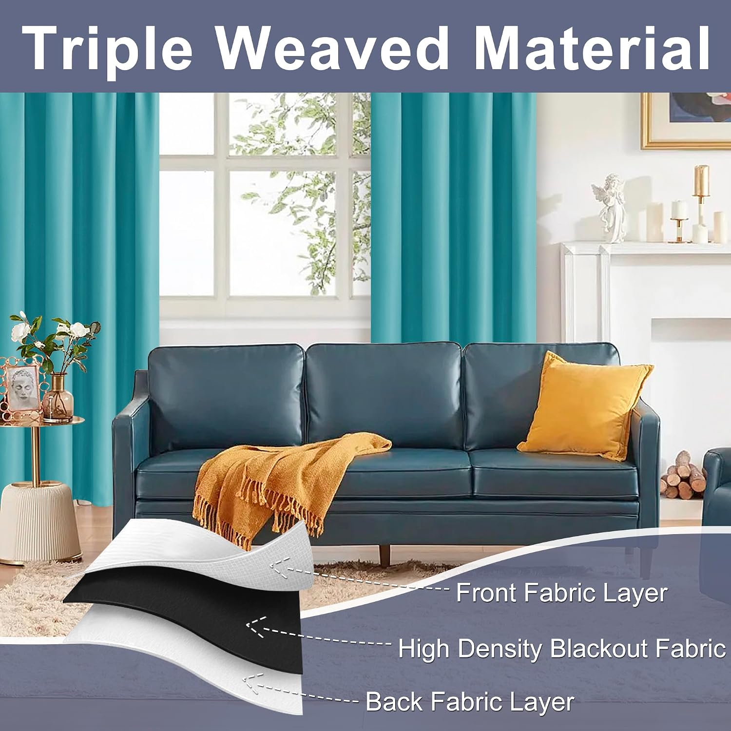 Jiuzhen Blackout Curtains - Thermal Insulated, Light Blocking, Rod Pocket with Tiebacks, Room Darkening, 42 x 63 Inch, 2 Panel Set, Turquoi…