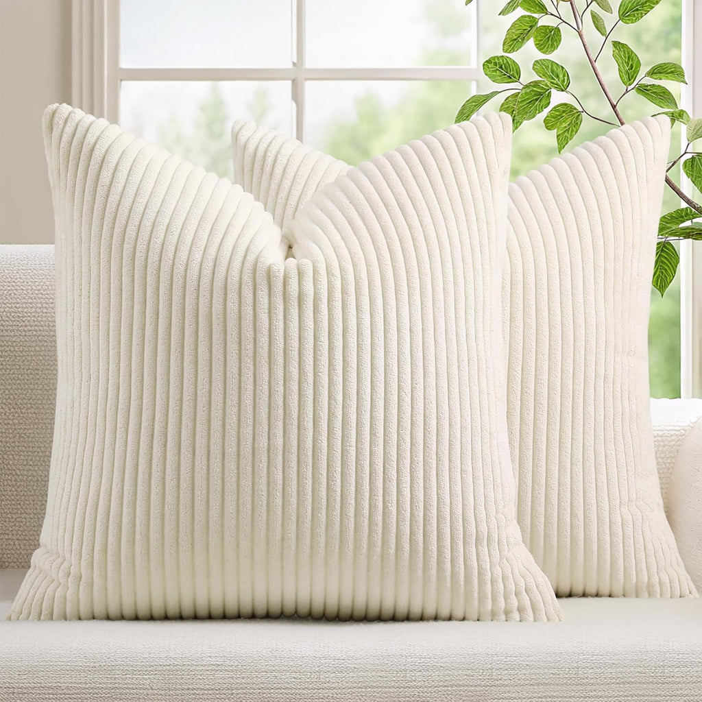 Mecatny Corduroy Summer Decorative Throw Pillow Covers 18x18 Set of 2 for Sofa Living Room, Soft Neutral Boho Couch Pillow Covers for…