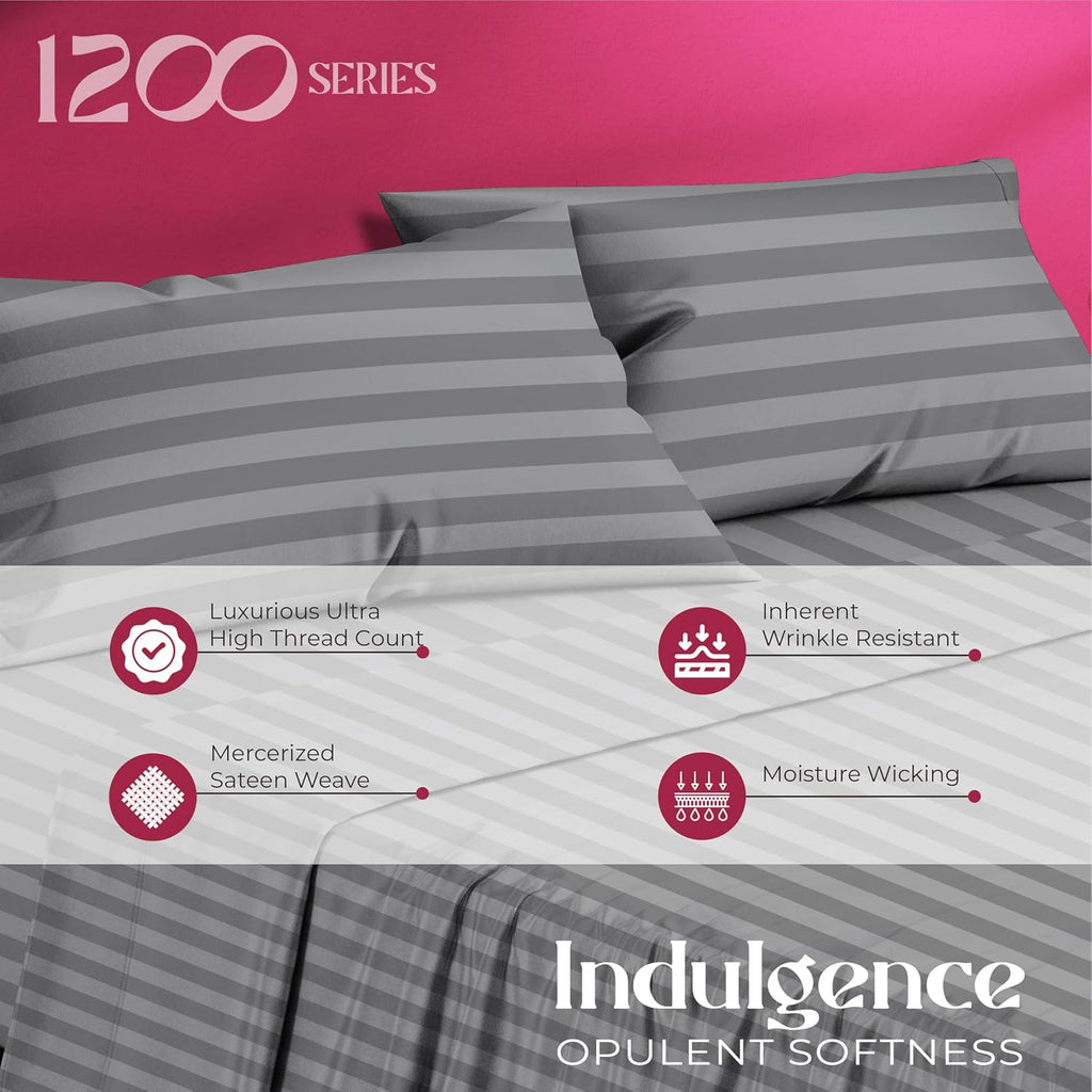 Mayfair Linen 100% Egyptian Cotton Pillow Cases Standard / Queen Size Set of 2 - Luxury 1200 Series Sateen Weave Dark Grey Stripe Pillow…