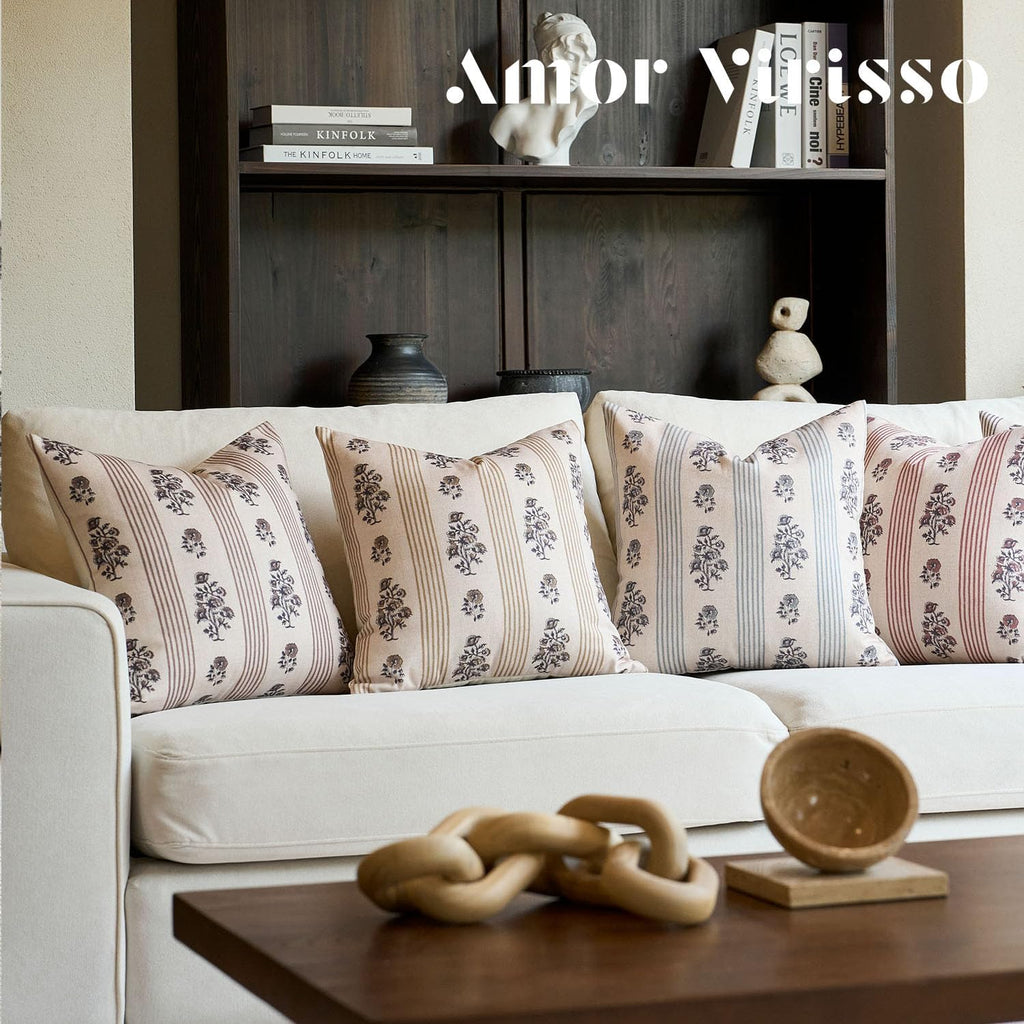 AffordableFloralPrintMaker Amor Virisso Floral Throw Pillow Covers 20x20 Set of 2 Block Print Pillow Covers Neutral Floral Striped Farmhous…