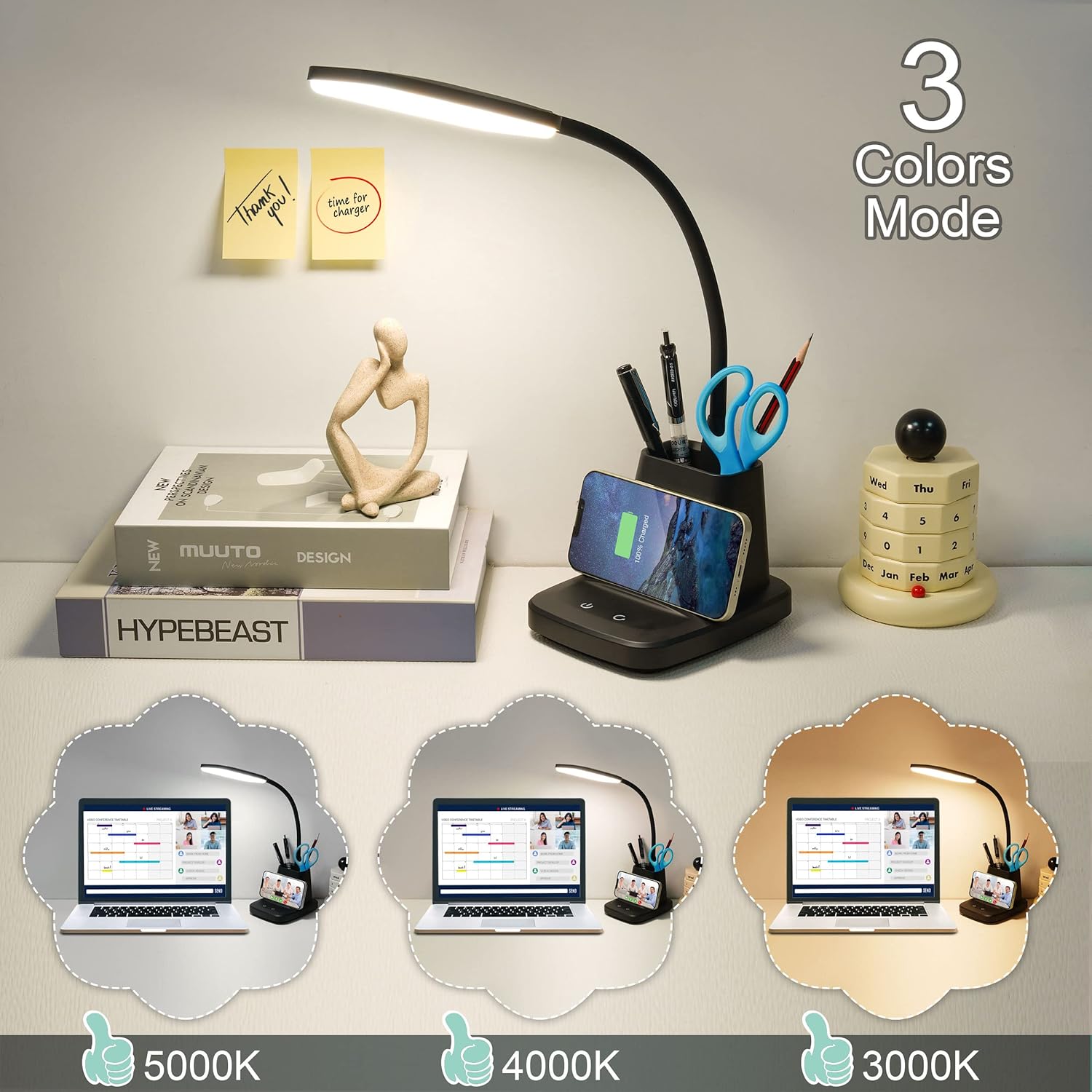 Desk Lamp, LED Desk Lamps for Home Office, Wireless Charger Small Desk Lamp with Pen Holder, 3 Color Modes, Dimmable, CRI 85, 800LM…