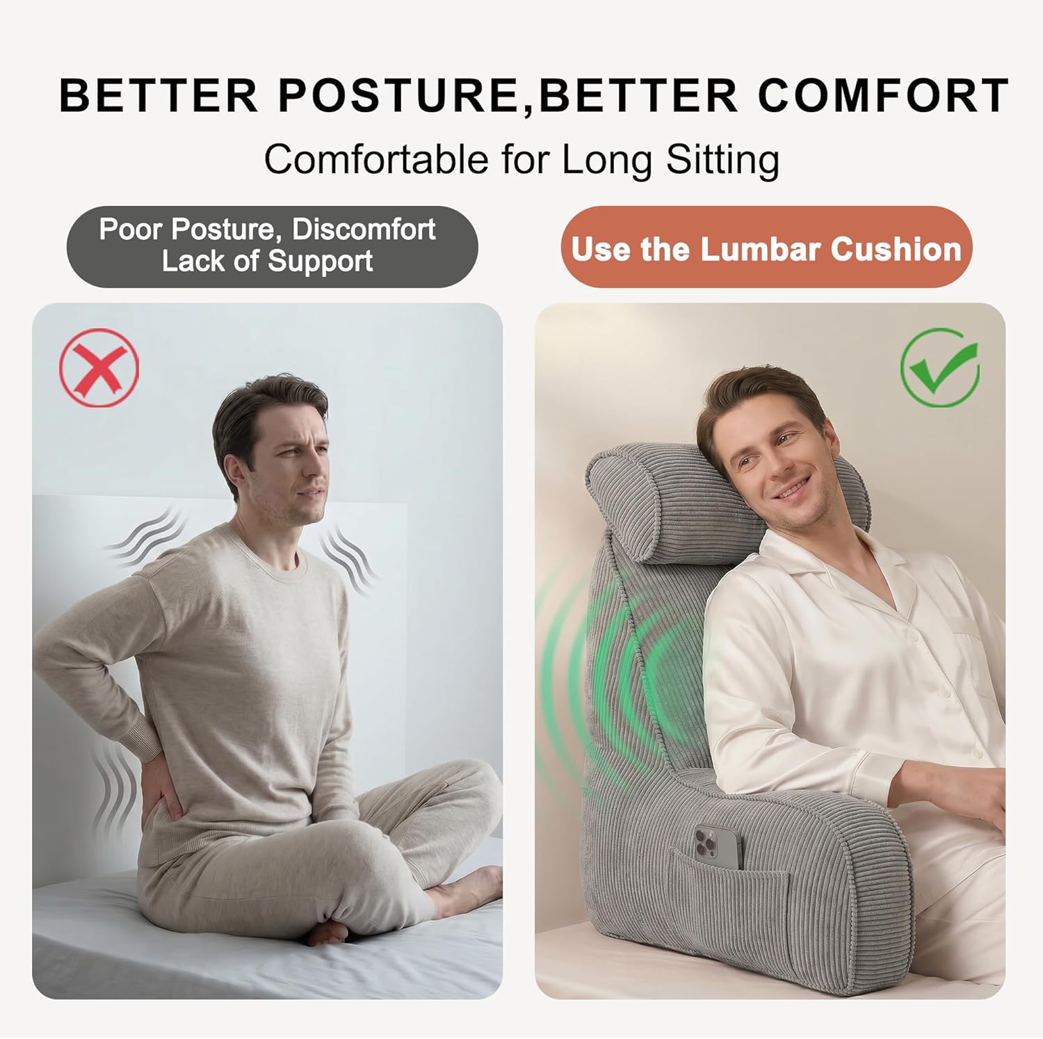 Ailuteie Corduroy Reading Pillow for Sitting Up in Bed, Backrest Pillow with Arms, Full Back Support Cushion with Side Pockets & Washable C…