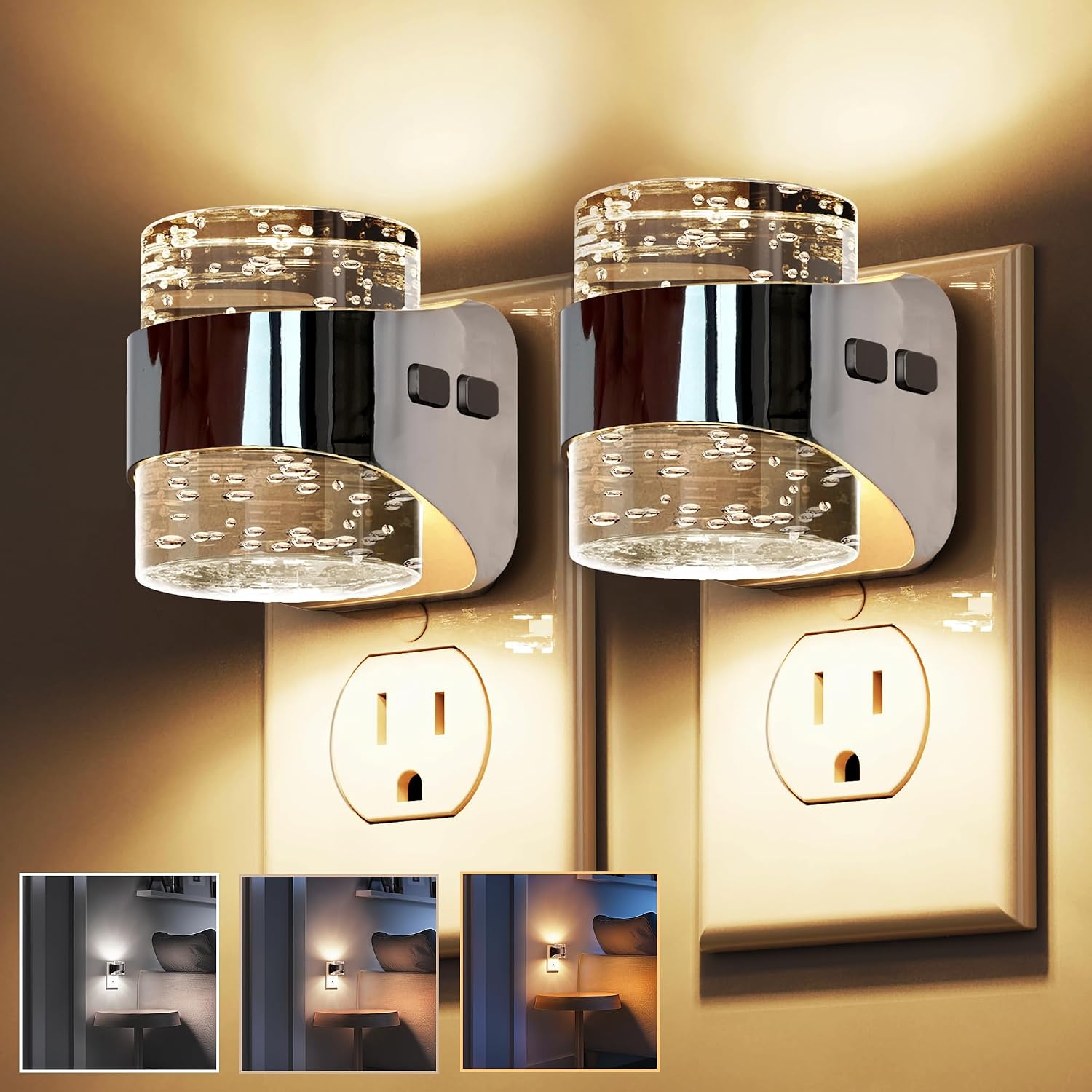 L LOHAS LED 2 Pack 3CCT Night Lights Plug into Wall, 3000K/4000k/5000K Adjustable Color Temperature Night Light, Bubble Nightlight with…