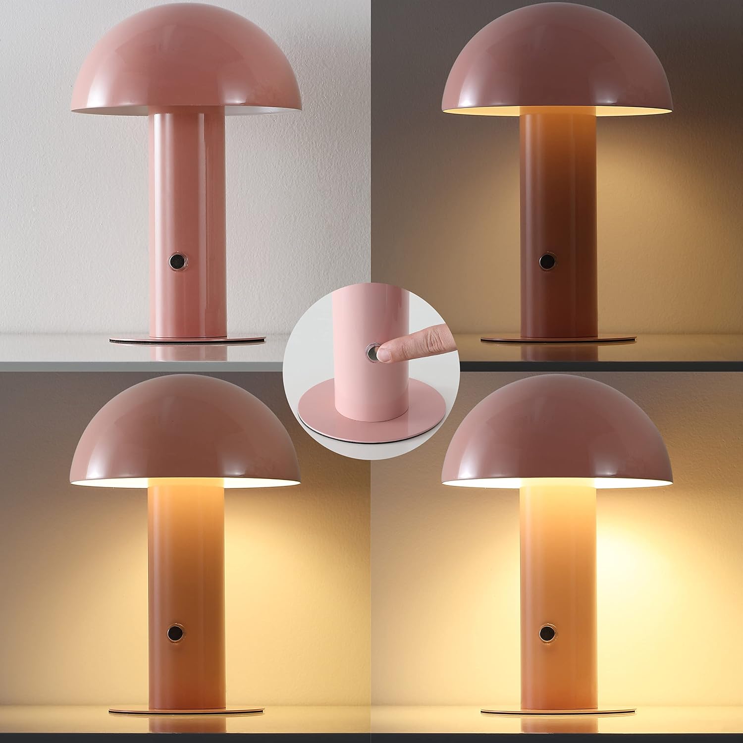 JONATHAN Y 10.75" Pink Rechargeable LED Mushroom Table Lamp, Cordless Portable Bedside Lamp for Living Room Bedroom, 3-Way Dimmable…