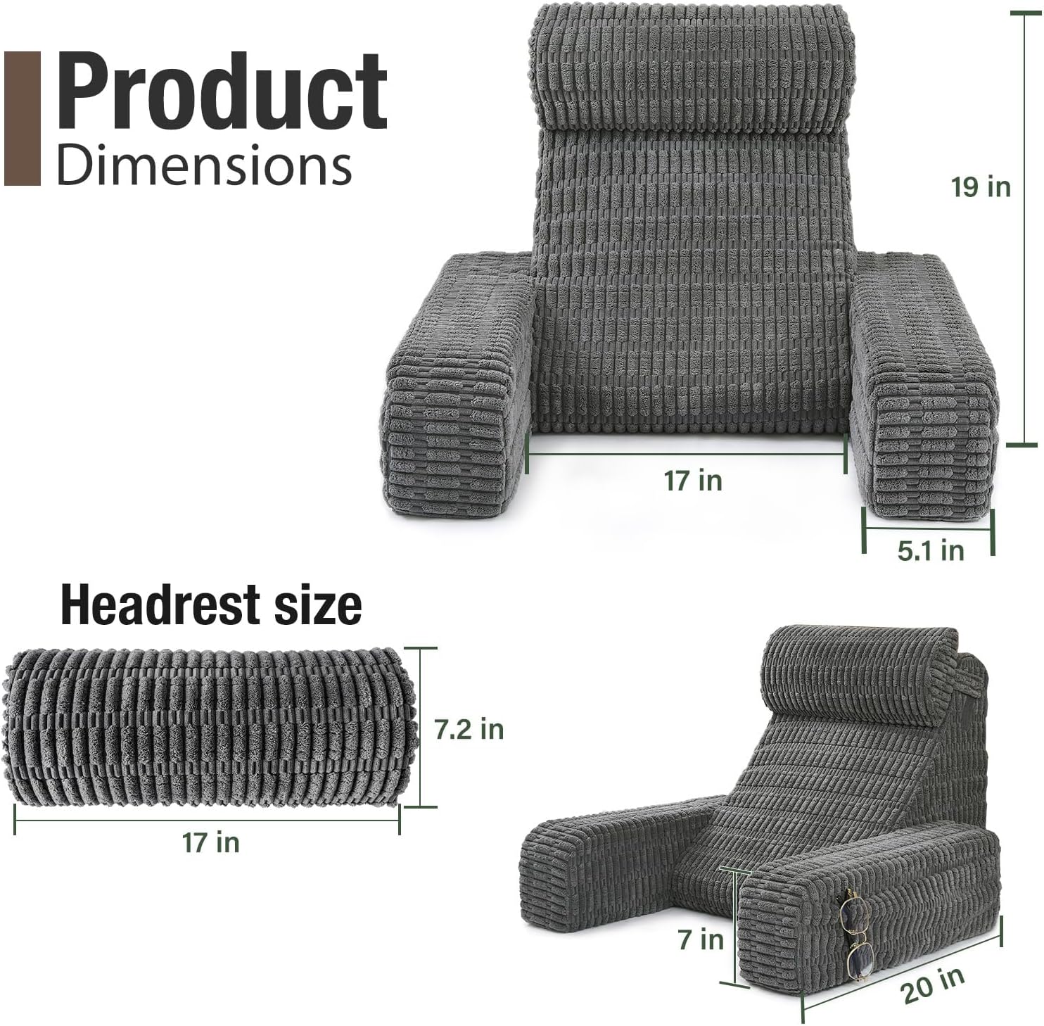 19" Reading Pillow for Bed with Built-in Arms & Large Pockets, Supportive Backrest Cushion for Reading, Resting, or Reclining, Washable…