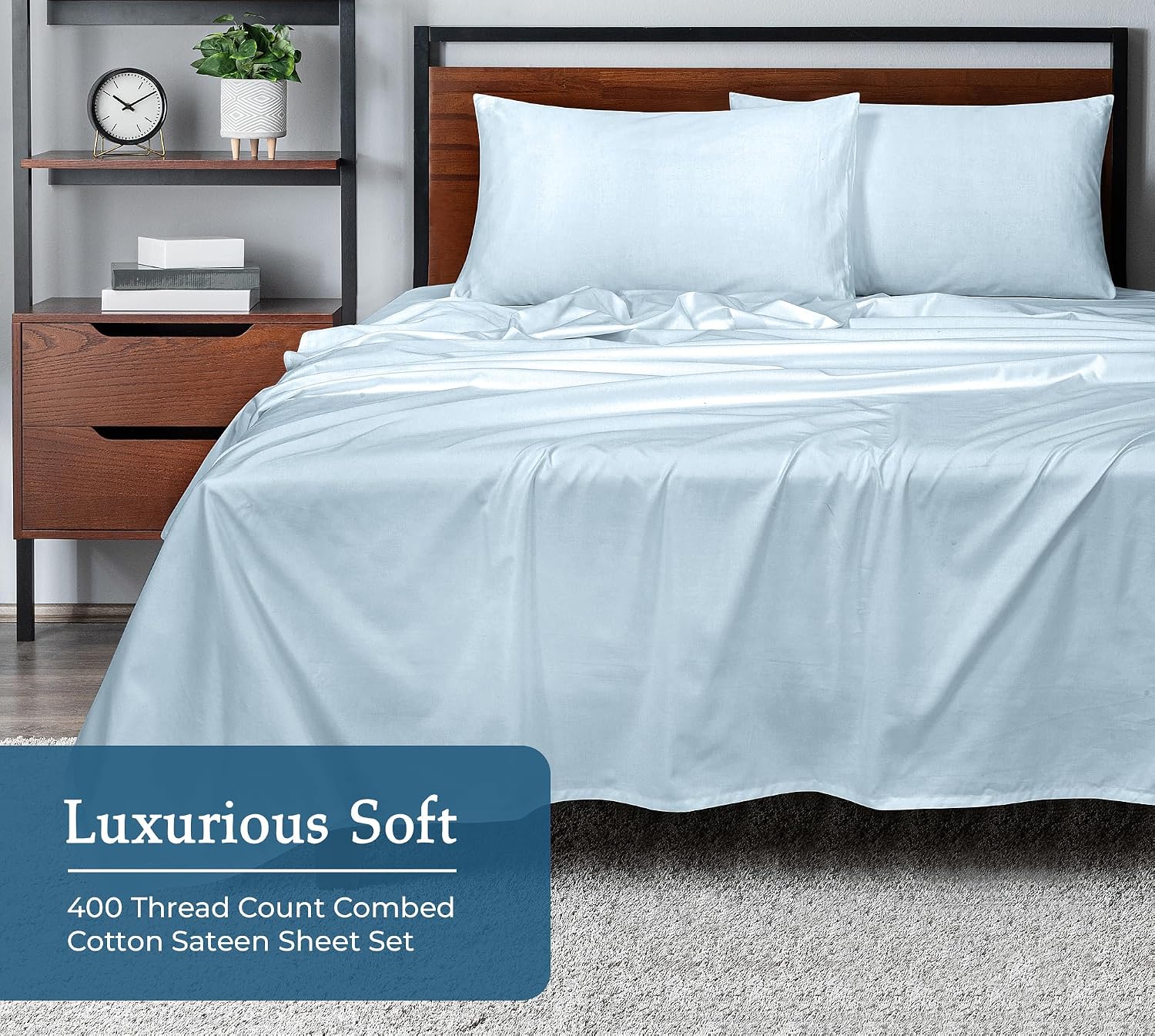 Royalelinens ROYALE LINENS 400 Thread Count 100% American Grown Cotton 4 Piece Sateen King Sheet Set - 1 Fitted Sheet, 1 Flat Sheet, 2 Pill…