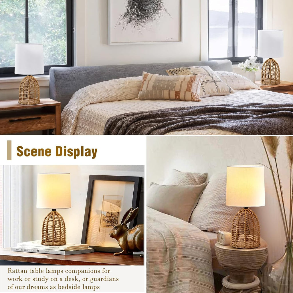 EJIAXIN Rattan Lamp Boho Lamps Set of 2-13.75" Mini Farmhouse Table Lamp Rustic End Table Decorative Small Lamps for Small Spaces Bedroom…