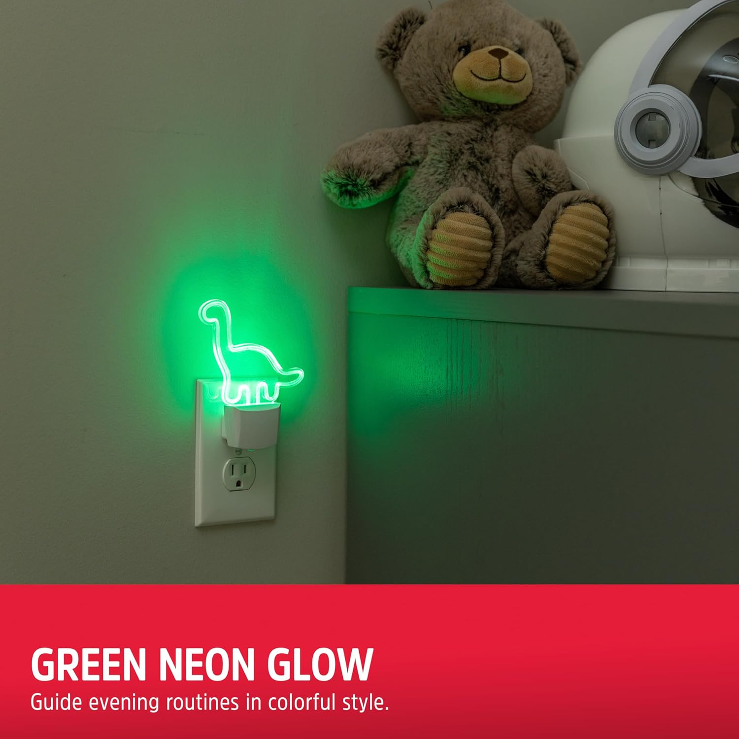 Energizer Long-Neck Dinosaur Night Light, Neon, Auto On/Off, Green