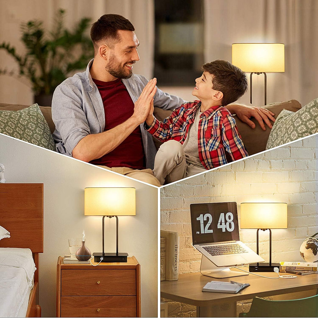 3-Way Dimmable Touch Control Table Lamp with 2 USB Ports and AC Power Outlet Modern Bedside Nightstand Lamp Fabric Shade and Metal Base…